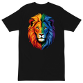 Black graphic T-shirt with a vibrant rainbow lion head design printed on the front.
