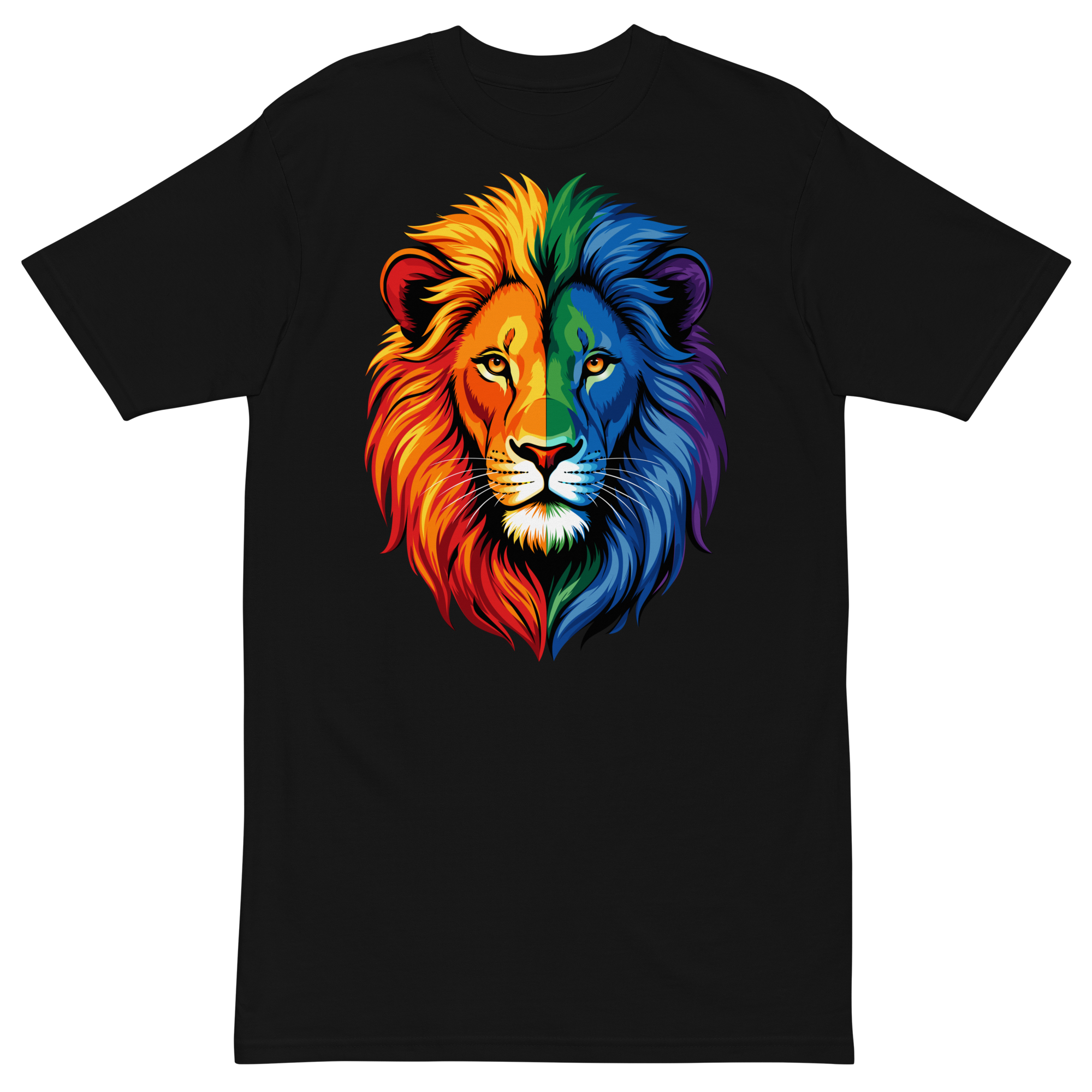 Black graphic T-shirt with a vibrant rainbow lion head design printed on the front.
