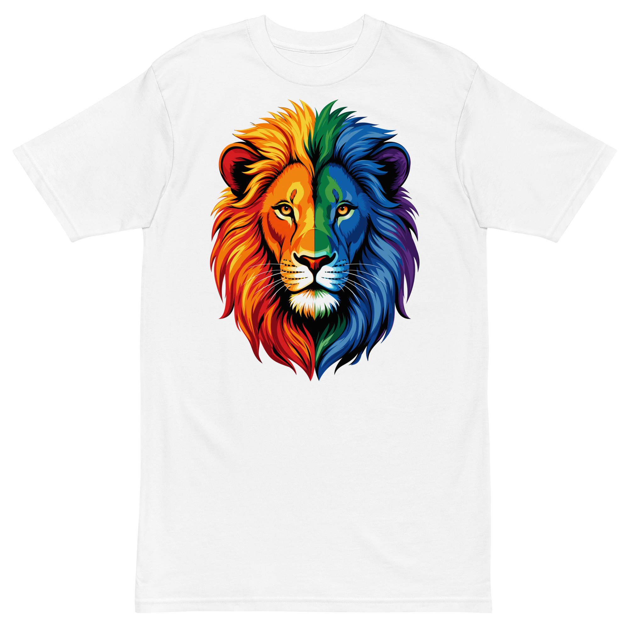 White graphic T-shirt with a vibrant rainbow lion head design printed on the front.