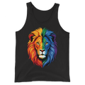 Black graphic tank top with a vibrant rainbow lion head design printed on the front.
