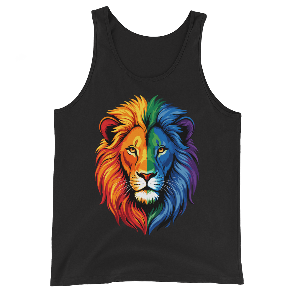 Black graphic tank top with a vibrant rainbow lion head design printed on the front.