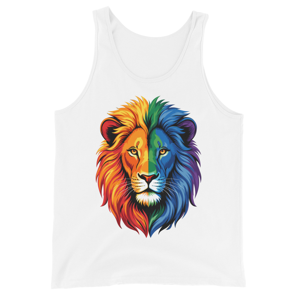 White graphic men's tank top with a vibrant rainbow lion head design printed on the front.