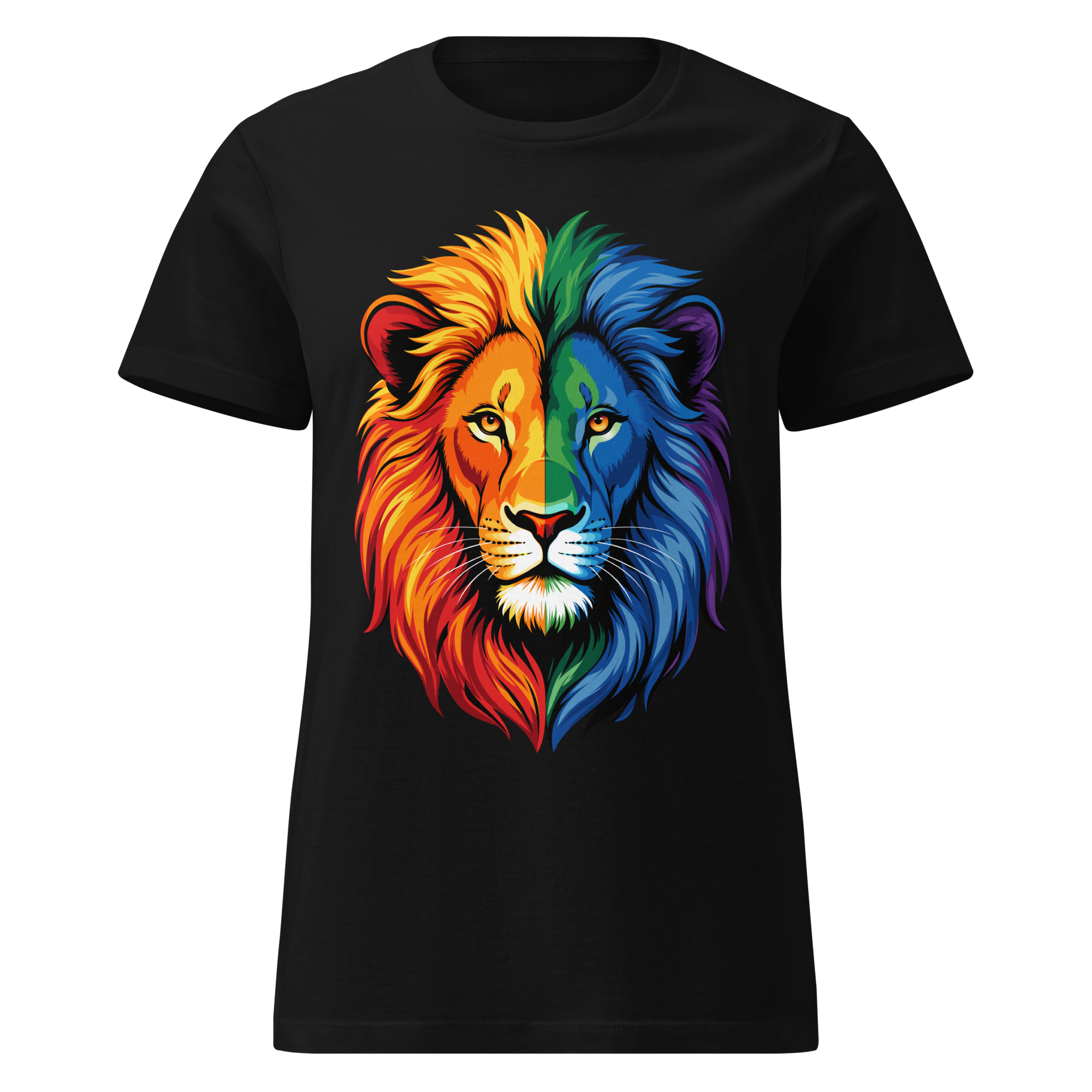 Black graphic T-shirt with a vibrant rainbow lion head design printed on the front.