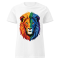 White graphic T-shirt with a vibrant rainbow lion head design printed on the front.