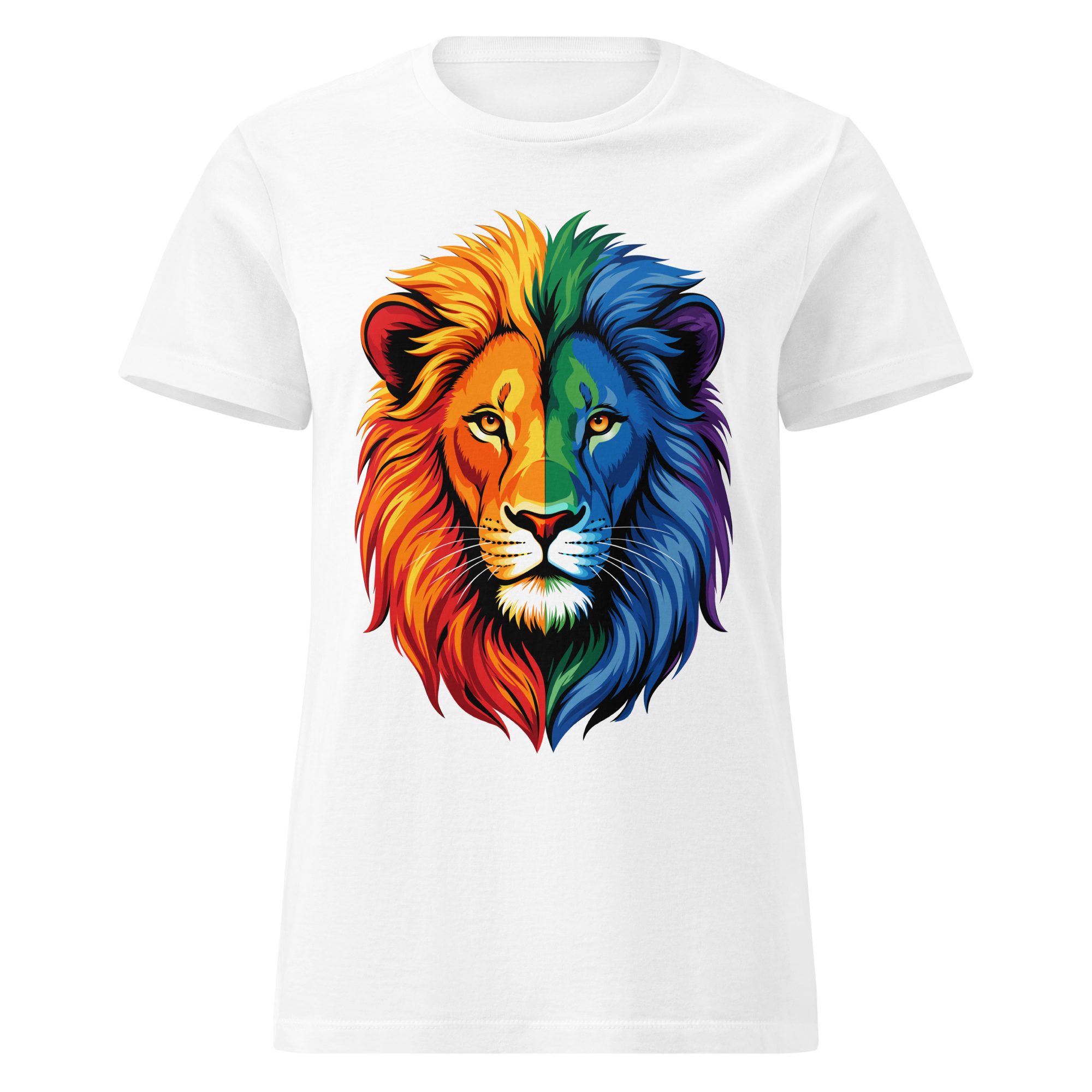 White graphic T-shirt with a vibrant rainbow lion head design printed on the front.